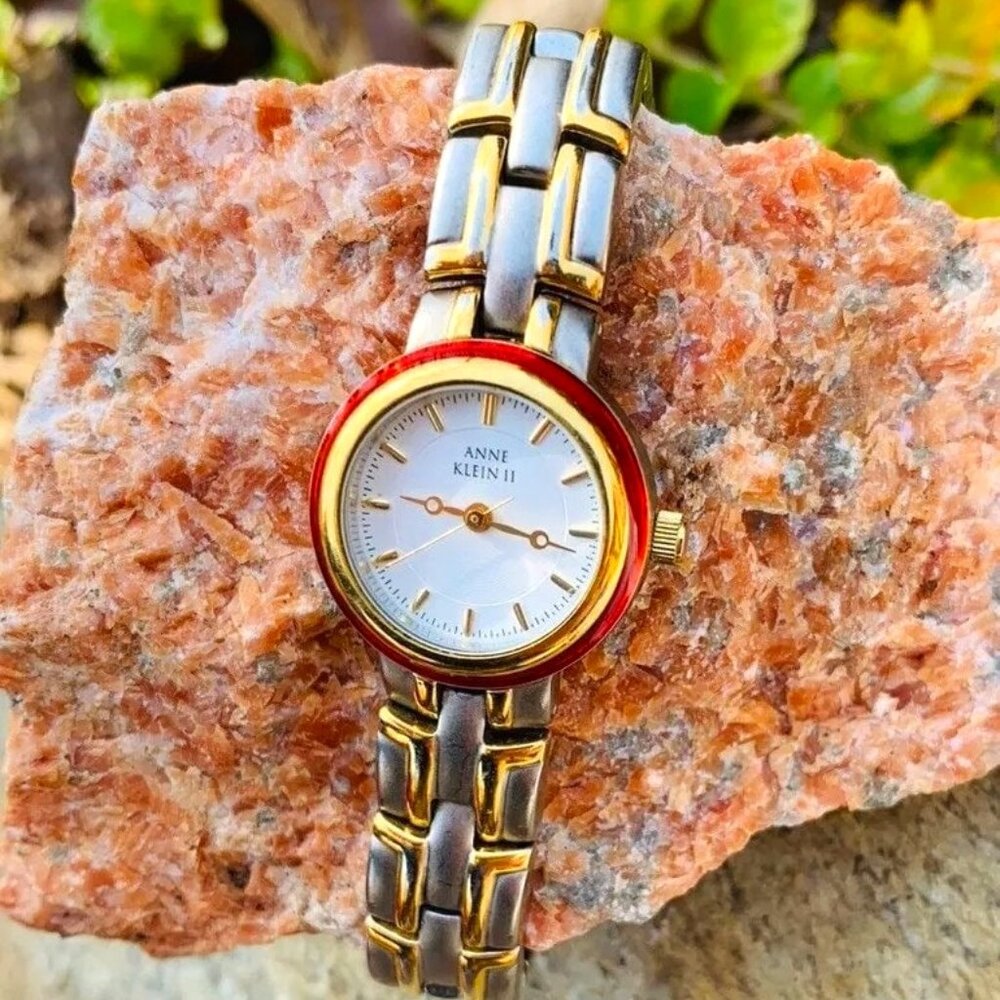 Anne Klein II 10/3048-9 Silver/Gold/Red Bezel/White Dial Ladies Bracelet Watch